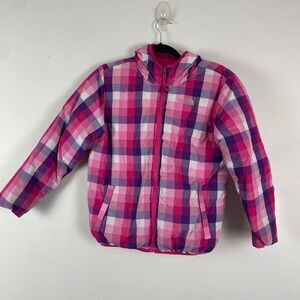 The North Face Girls 550 Down Puffer Jacket Pink Purple Plaid Reversible L 14 16
